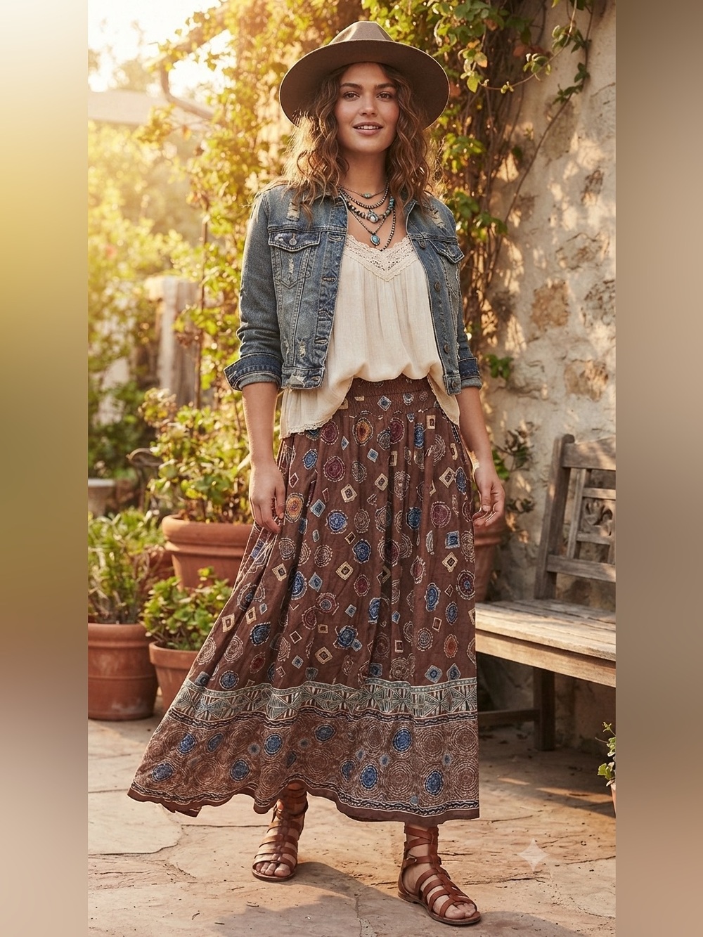 Sag Harbor Vintage Style Boho Rayon Maxi Skirt Size XL Brown Geometric Print